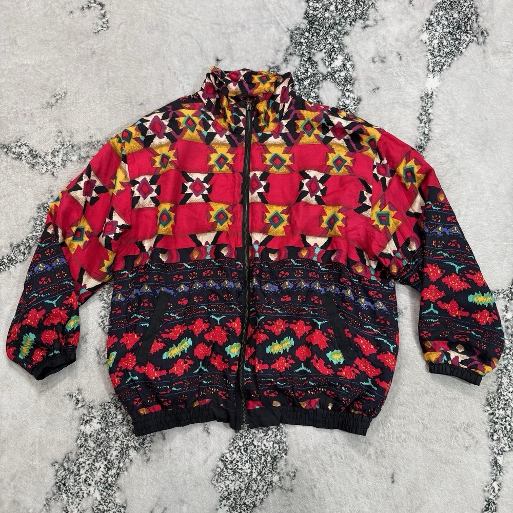 Vintage Euro Joy 100% Silk Southwestern Tribal Print Full Zip Jacket Women's XL